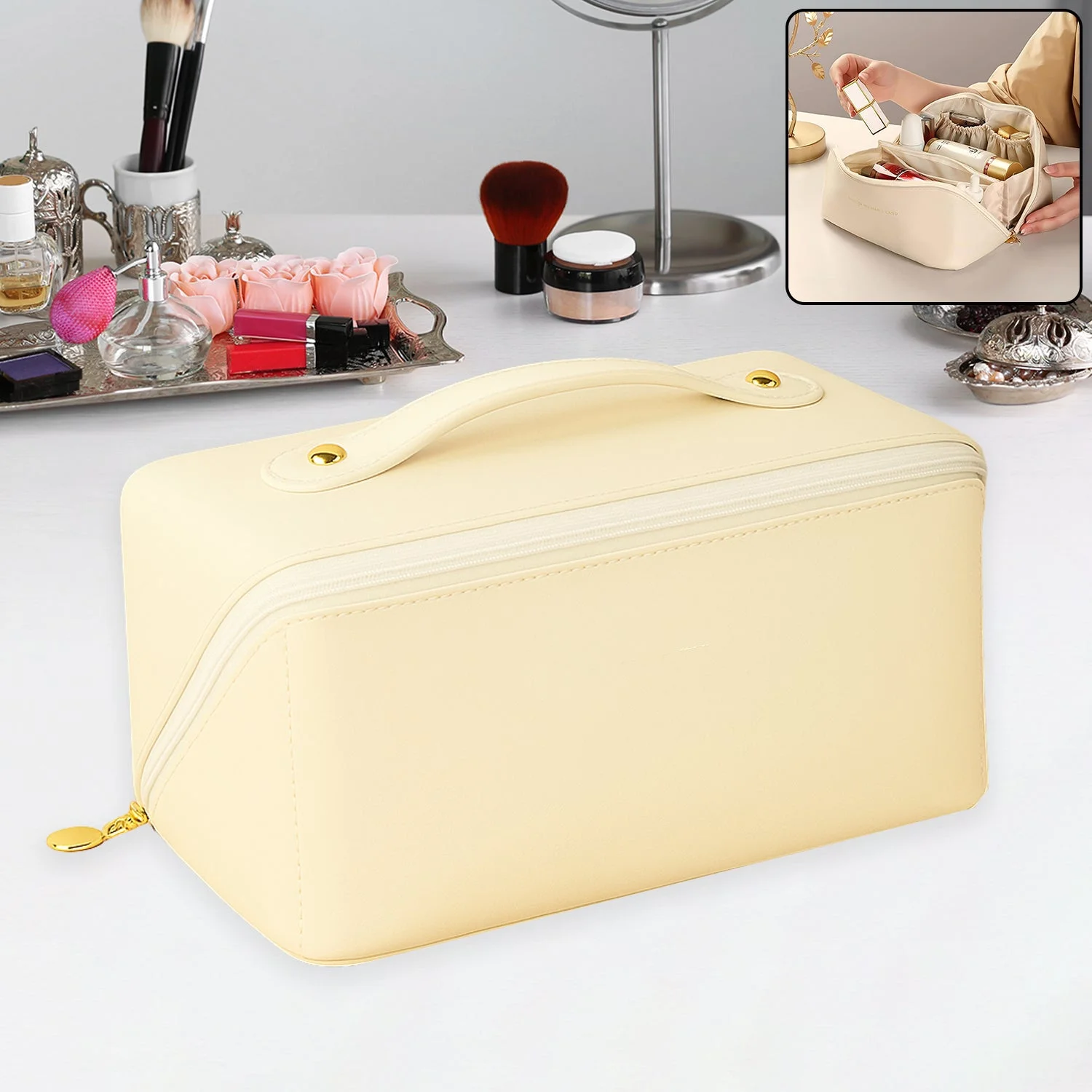 Premium Cream Travel Makeup & Toiletry Organizer Pouch with Zipper & Handle (1 Pc)