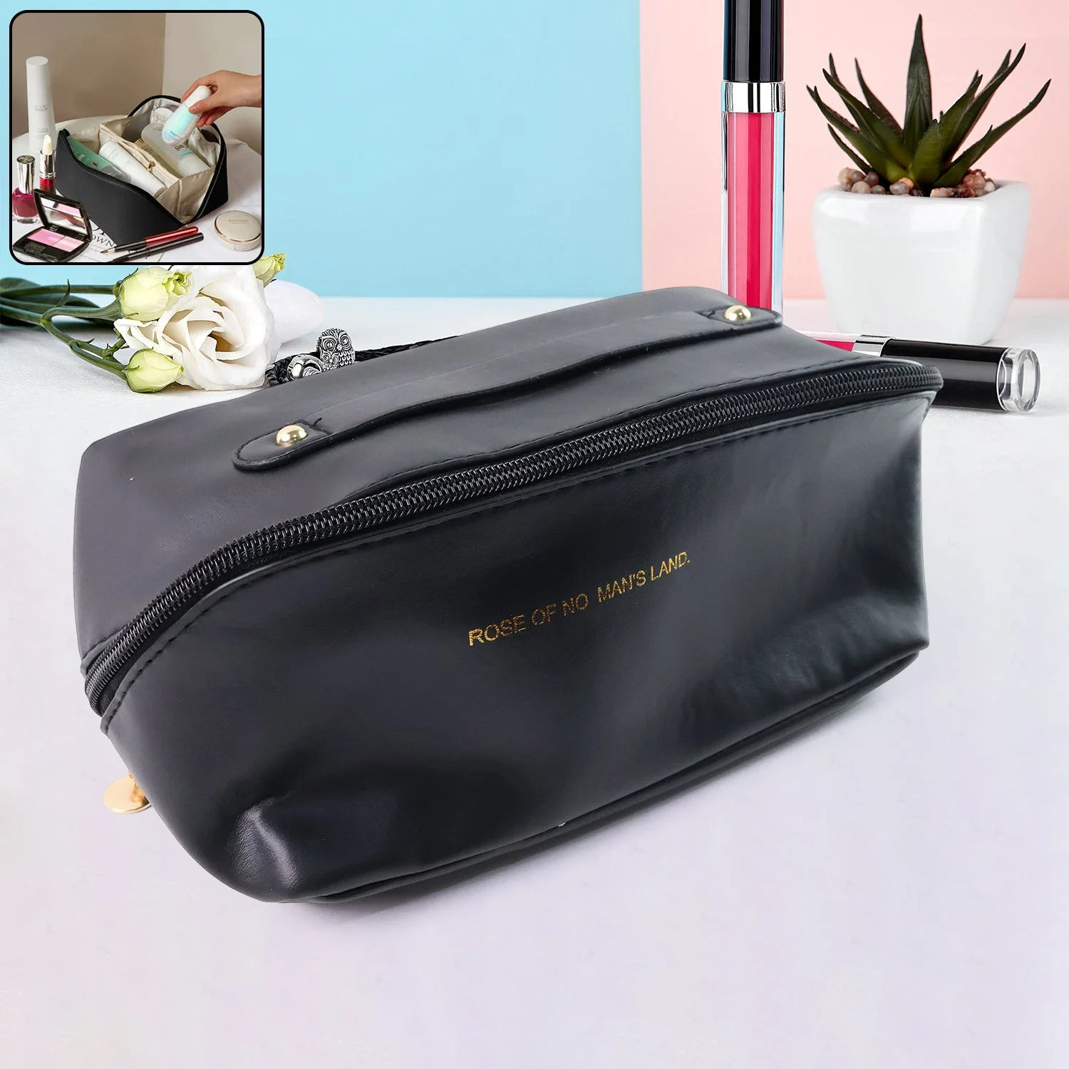 Premium Black Travel Makeup & Toiletry Organizer Pouch with Zipper & Handle (1 Pc)