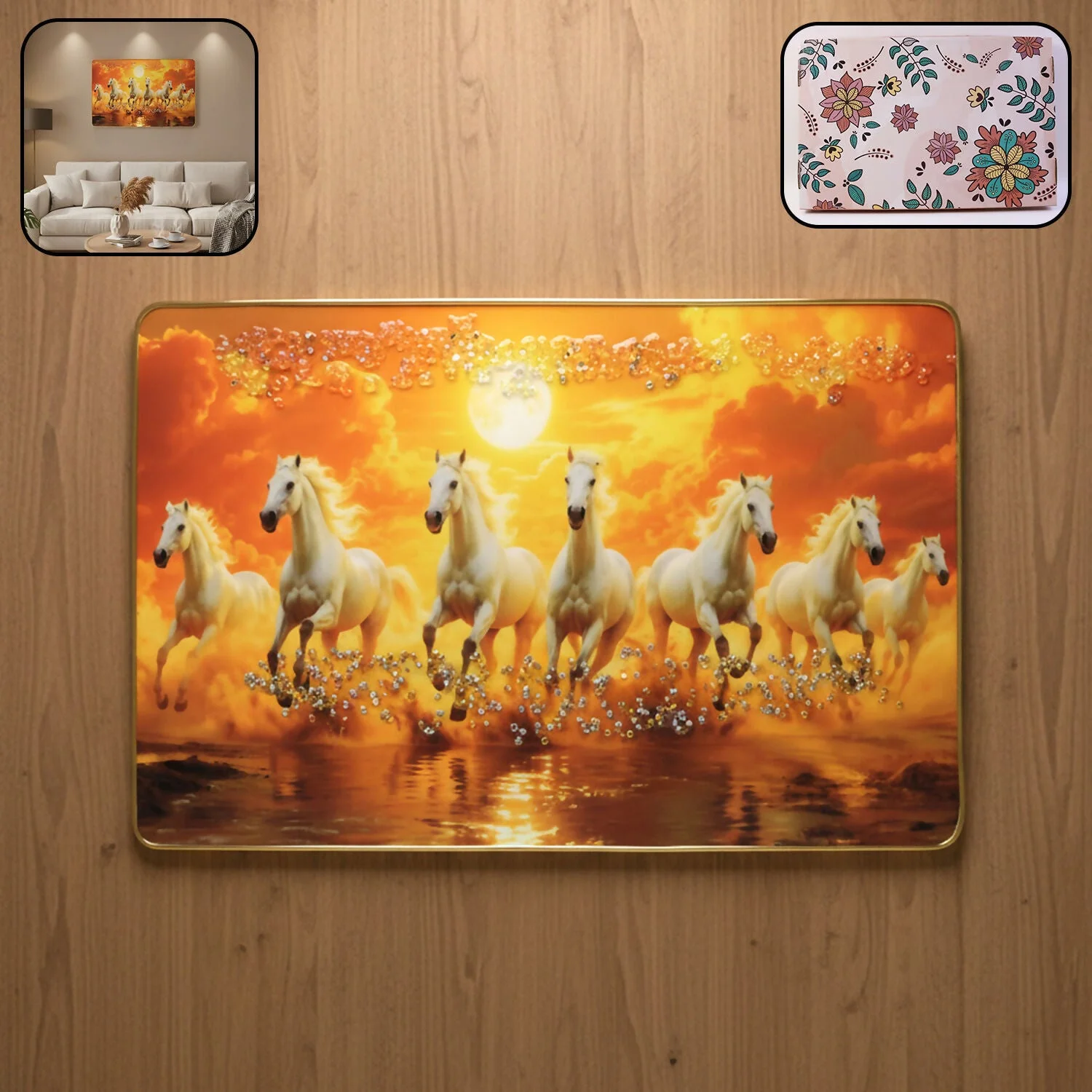 Seven White Running Horses Sunset Wall Art Frame