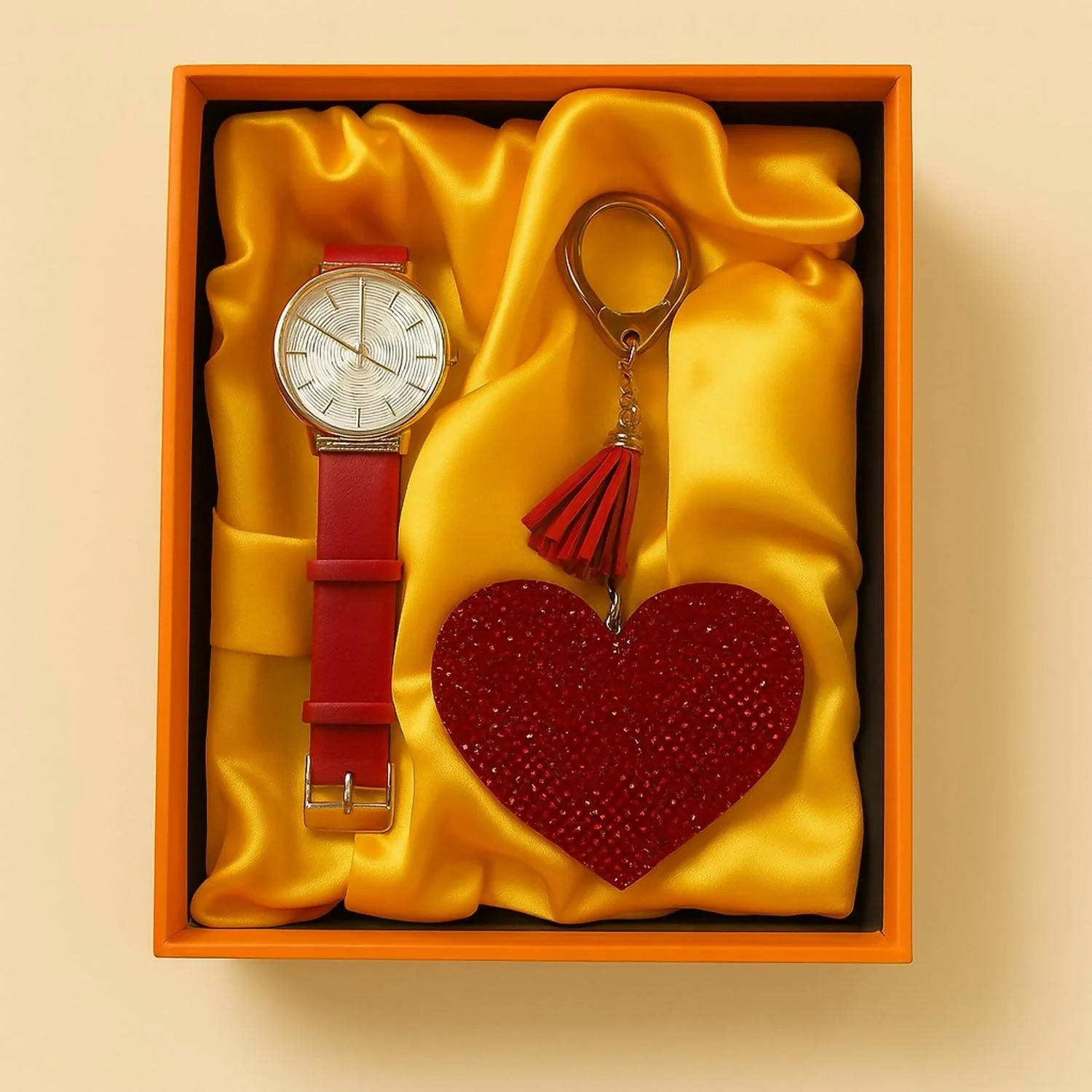 Stylish Leather Strap Analog Watch with Sparkling Heart Keychain