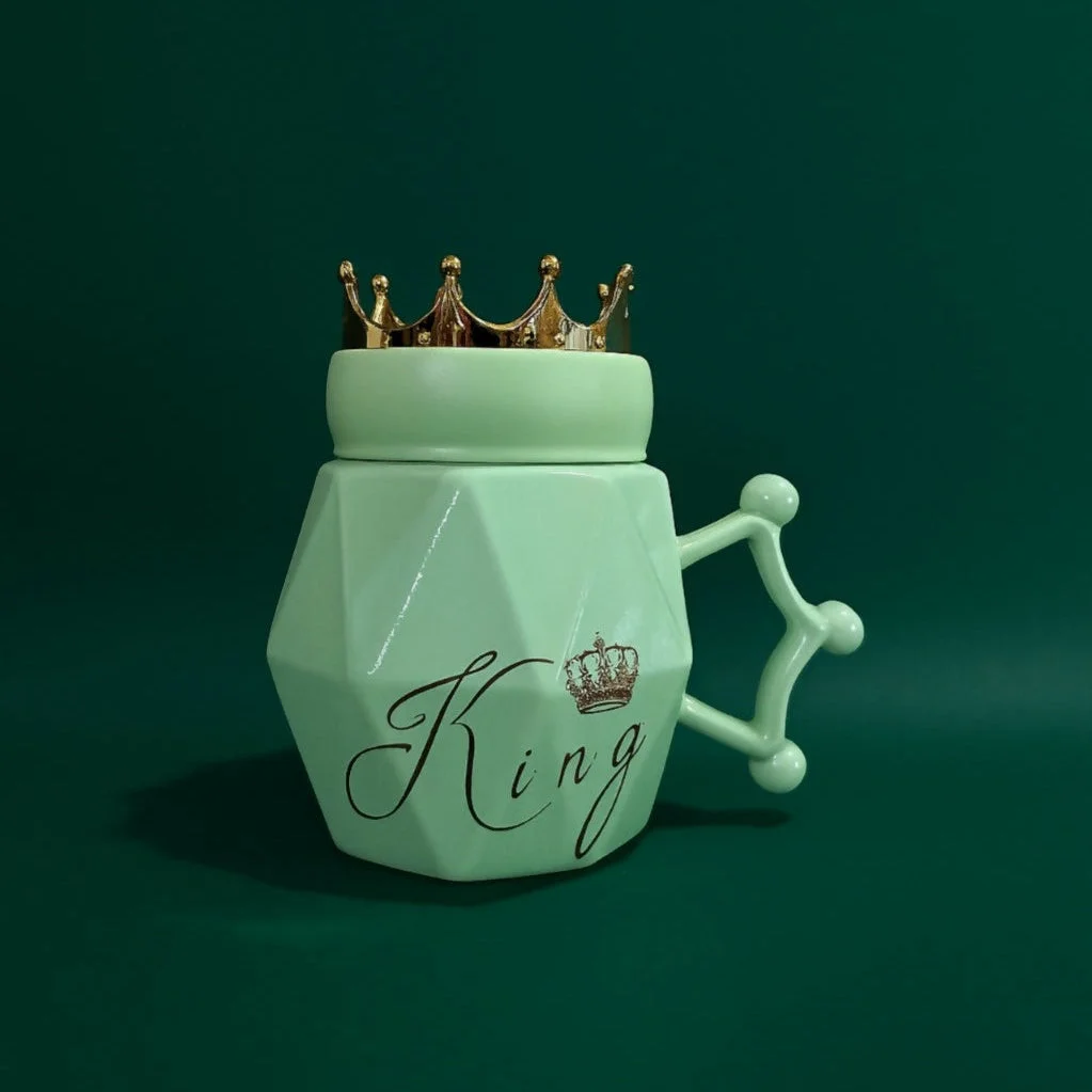 King Crown Ceramic Mug with Golden Lid – Green Diamond-Cut Coffee Mug for Men | Royal Handle & Gift Mug for Husband, Boyfriend, Brother & Boss | Stylish Ceramic Tea Cup with Crown Design
