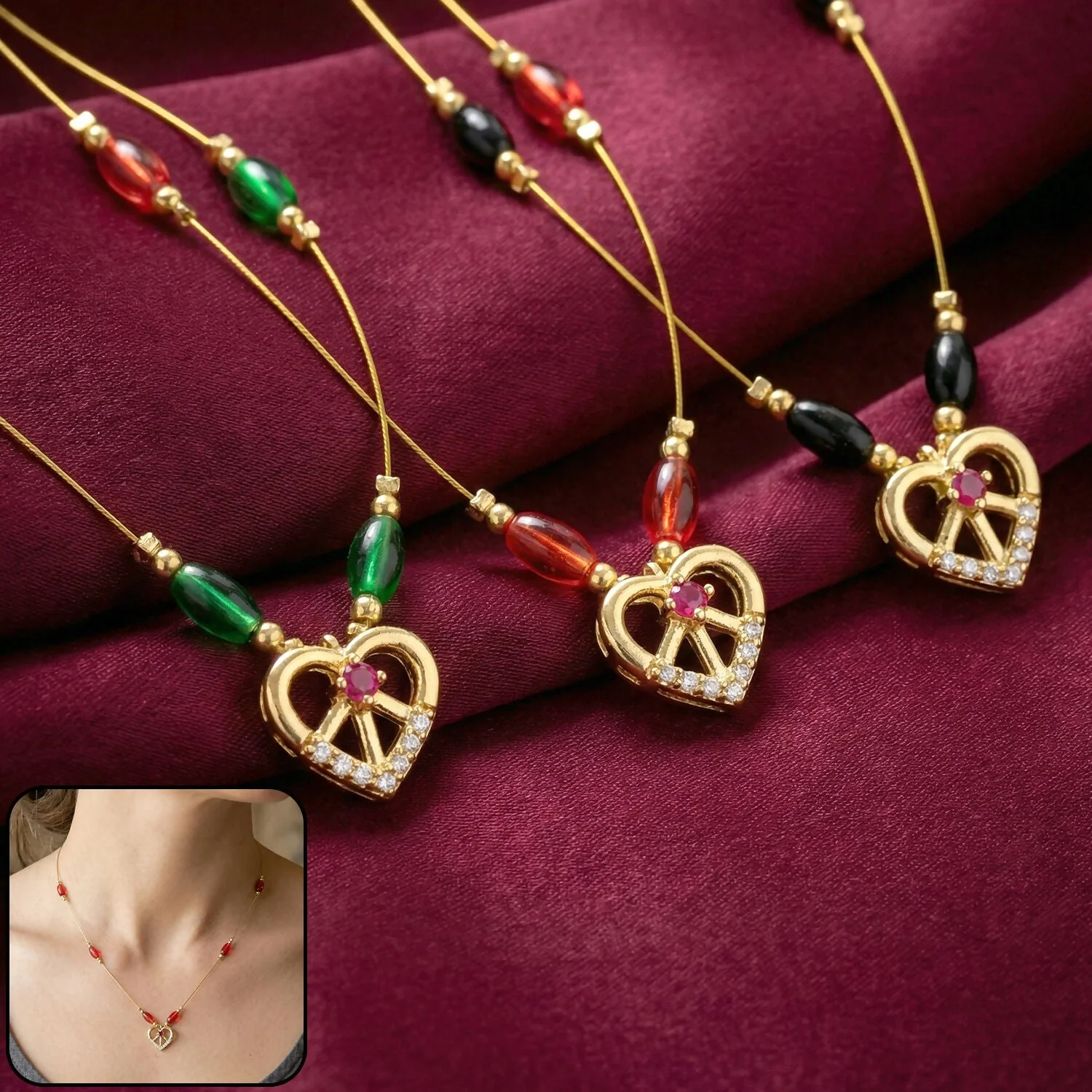 Heart Pendant Necklace with Tricolor Beads and Ruby Accent (3Pc/Set)