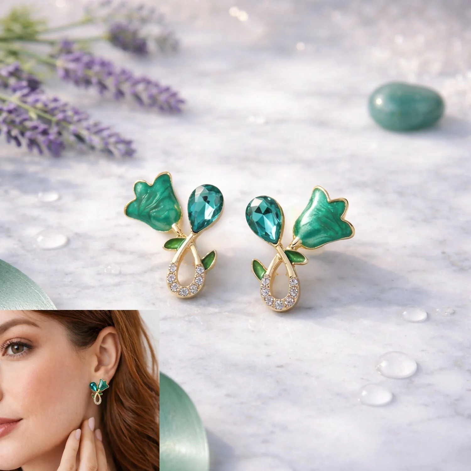 Elegant Green Floral Stud Earrings for Women | Gold Plated Crystal Design