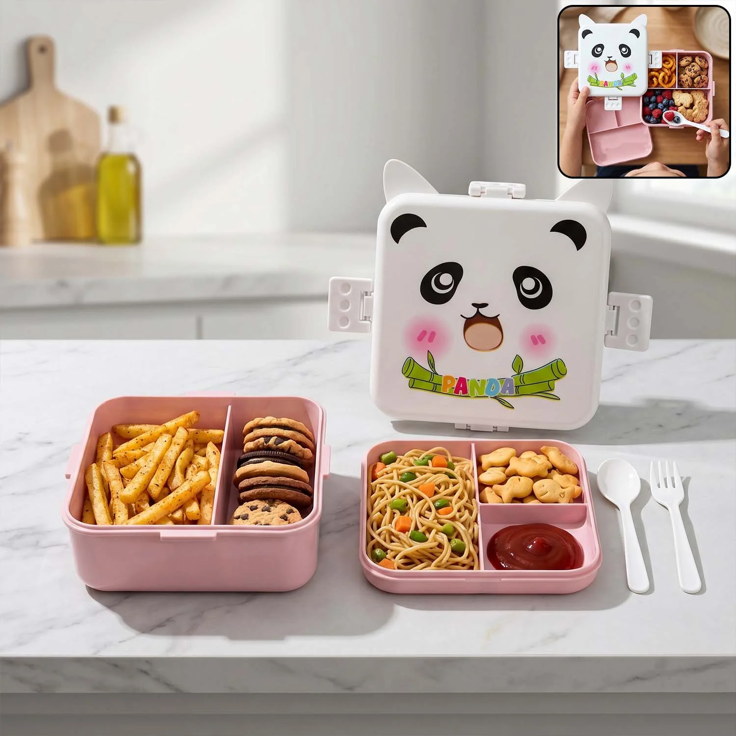 Panda Design Kids Lunch Box with Separate Compartments (1Set)