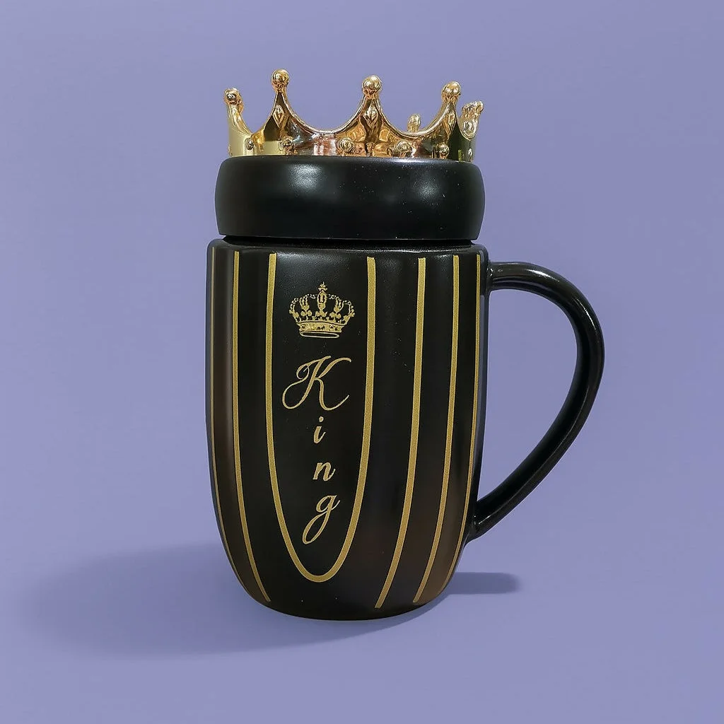 King Crown Black Ceramic Coffee Mug with Golden Stripes and Royal Lid