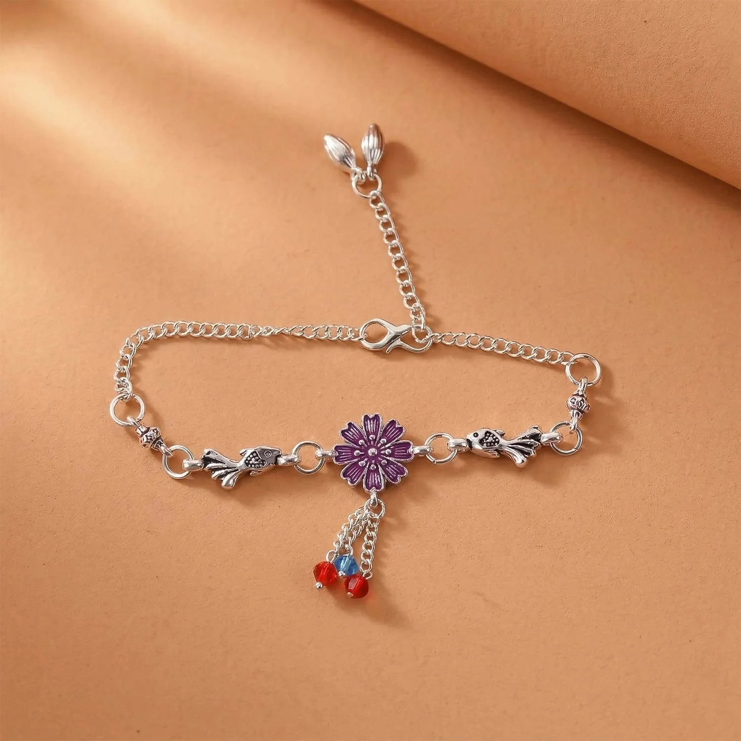 Silver Flower Charm Bracelet with Beads & Adjustable Chain for Women