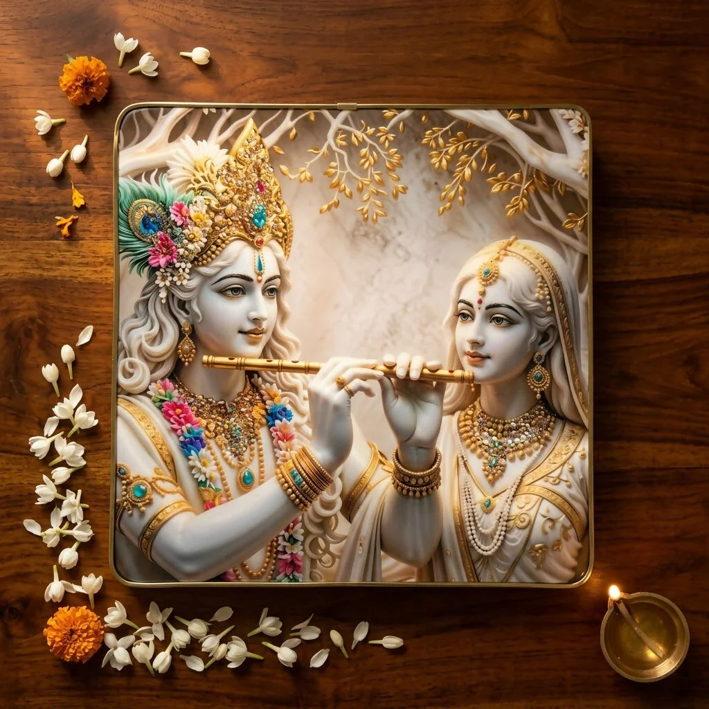 3D Radha Krishna Flute Art Crystal Wall Frame Decorative (12x12 Inch)
