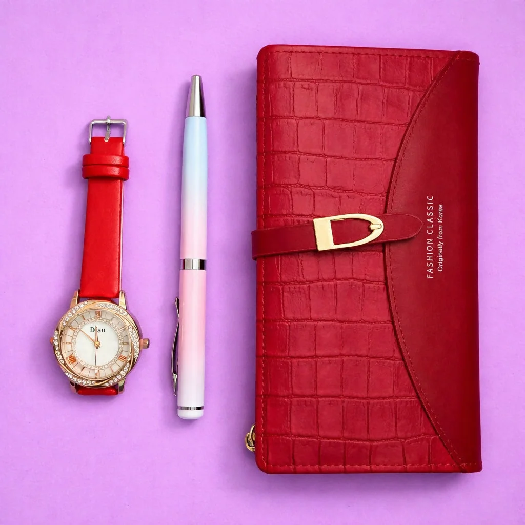 3 in 1 Women Gift Set Wallet Watch Pen Combo Gift Box
