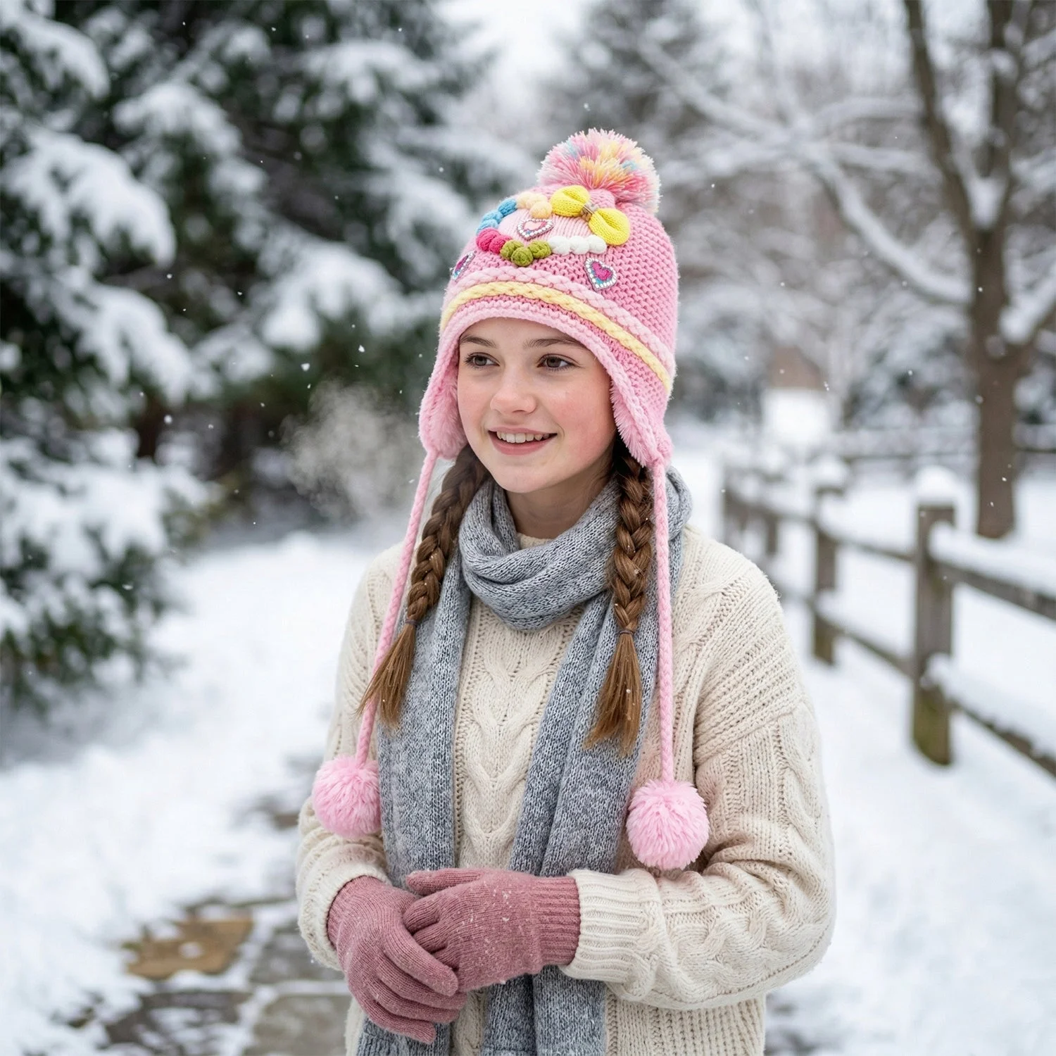 Cute Kids Winter Woolen Ear Flap Cap with Pom Pom (1 Pc, Mix Design)