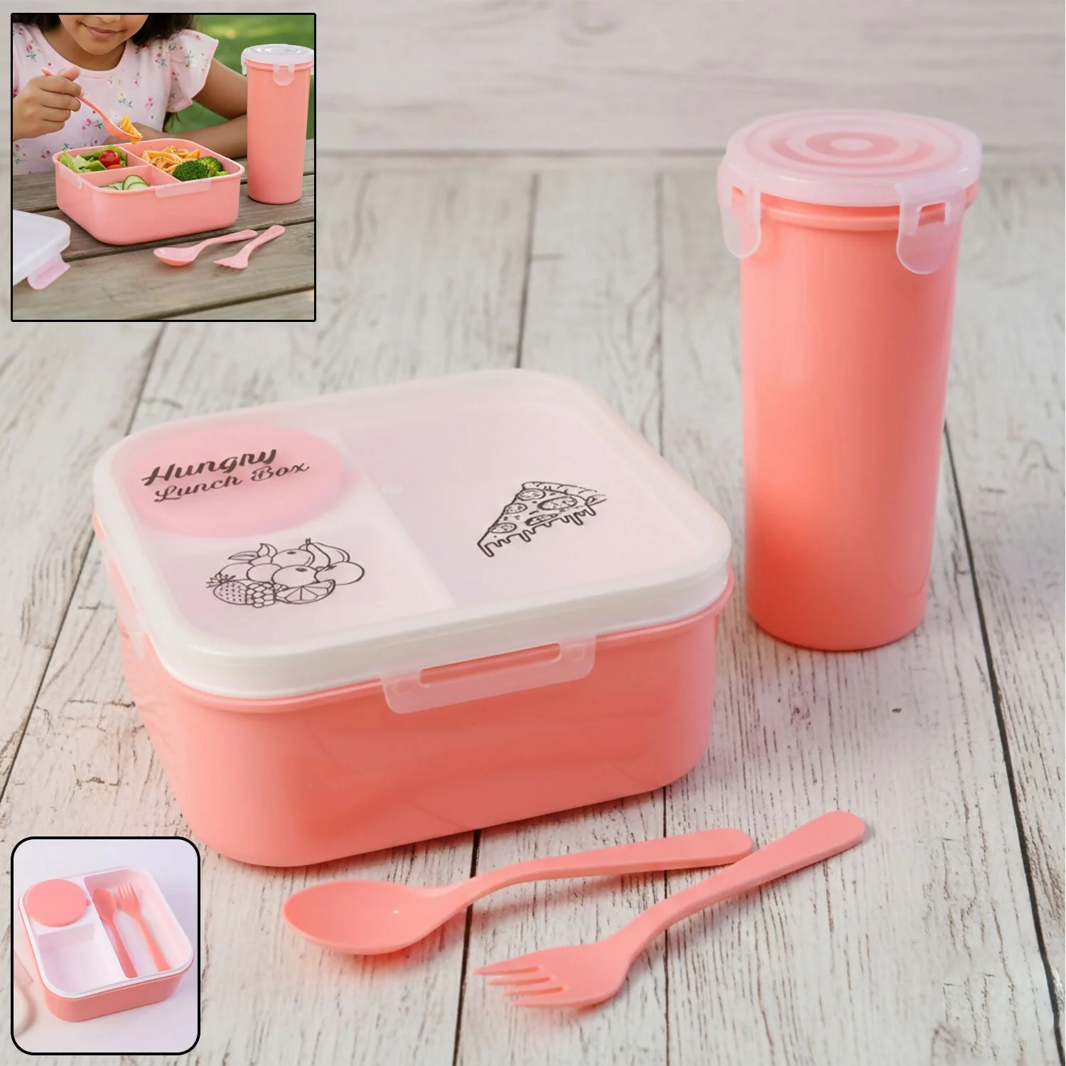 Hungry Lunch Box Combo Set – Unbreakable Plastic Lunch Box with Spoon, Fork & Extra Container for Kids