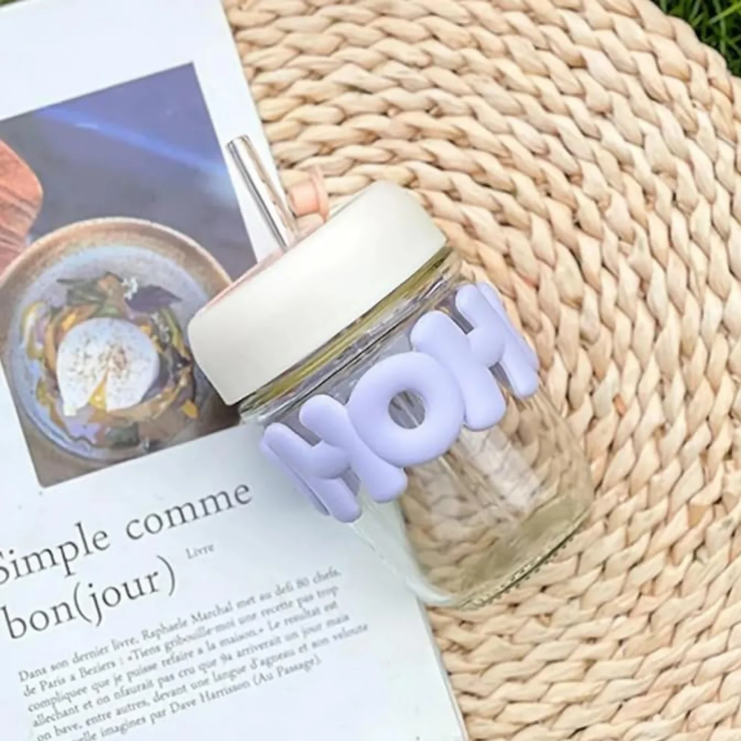 HOHO Cute Glass Milk Jar with Straw & Silicone Lid | 350ml Leakproof Reusable Mason Tumbler | Aesthetic Smoothie & Juice Cup for Kids & Adults | Pastel Purple Silicone Sleeve | 12cm x 7cm | Eco-Friendly Drinkware