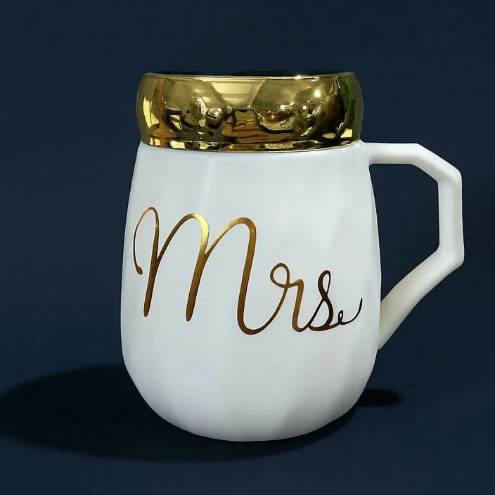 Mrs Ceramic Mug with Golden Lid – White Coffee Cup Gift for Women
