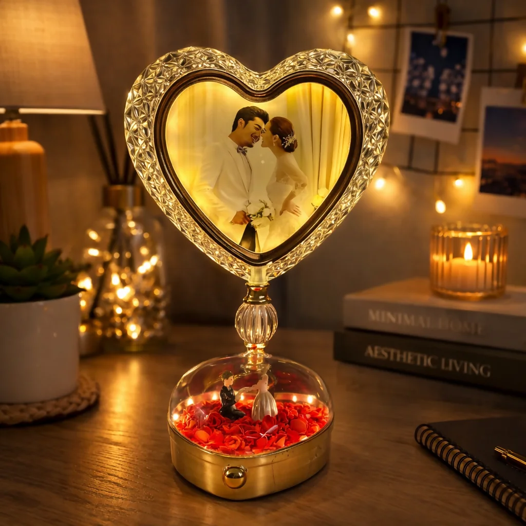 Heart Shape LED Photo Frame Lamp with Rose Dome Base Light