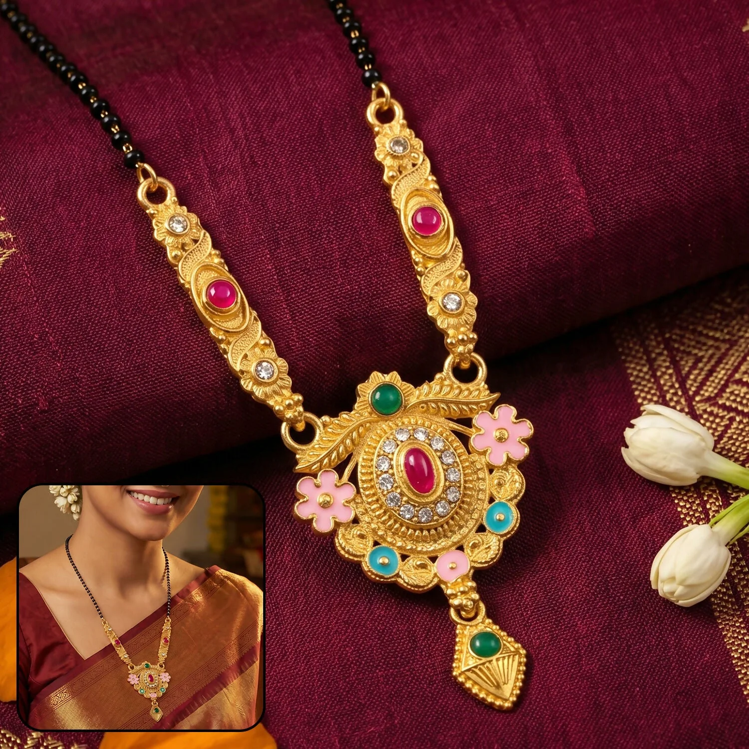 Antique Finish Circular Medallion with Pink Enamel Flowers & Ruby Centre Mangalsutra