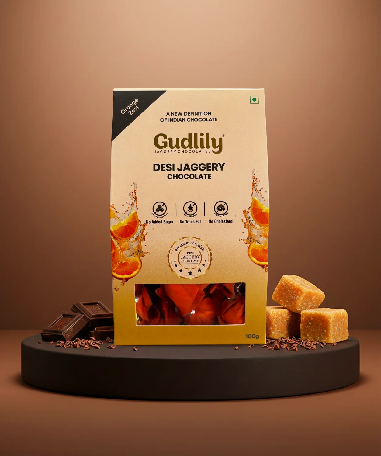 Gudlily Desi Jaggery Orange Zest Chocolate – Premium Jaggery Chocolates with Natural Sweetness (100Gm)