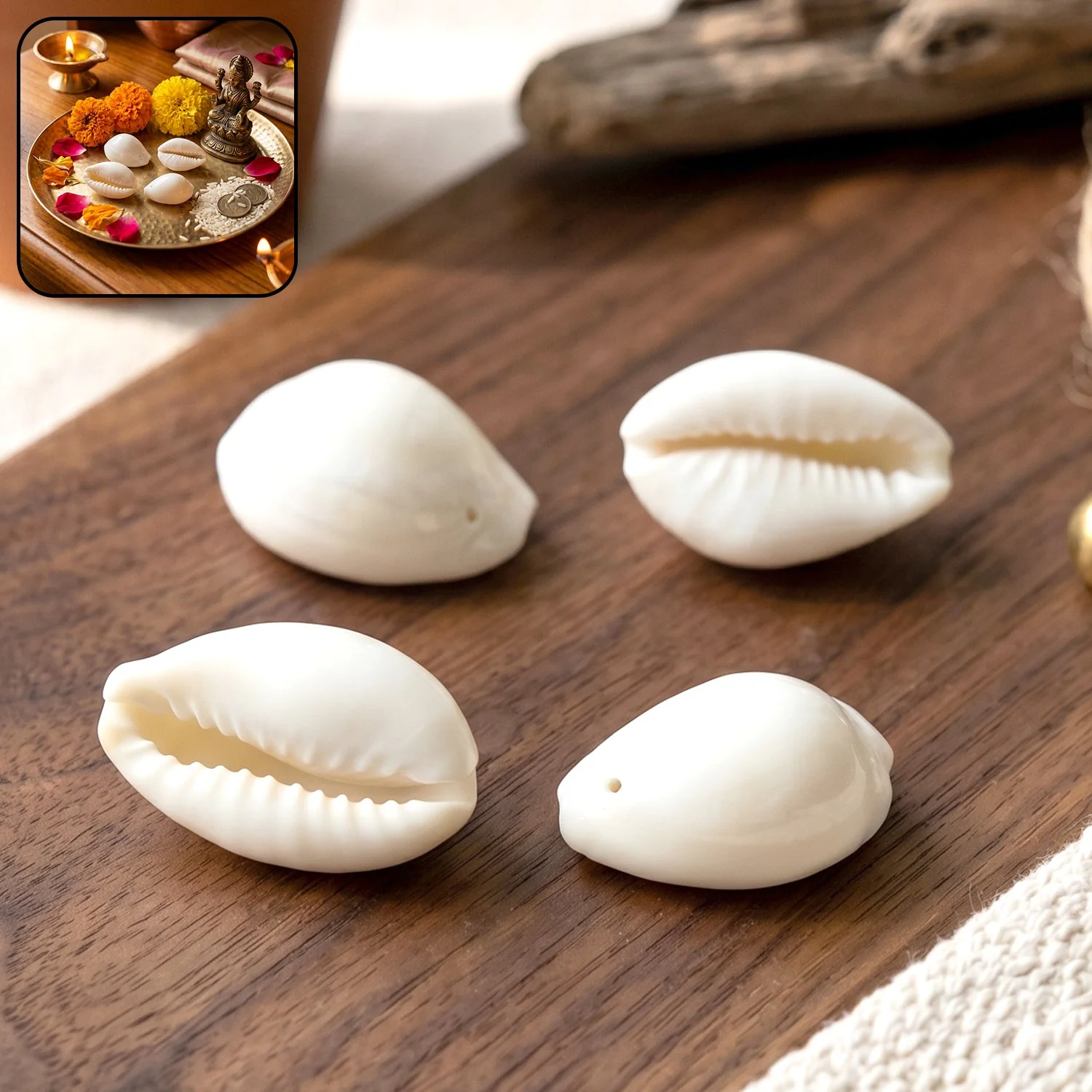 Natural Kaudi Cowrie Shells (4 Pc, Mix Size)