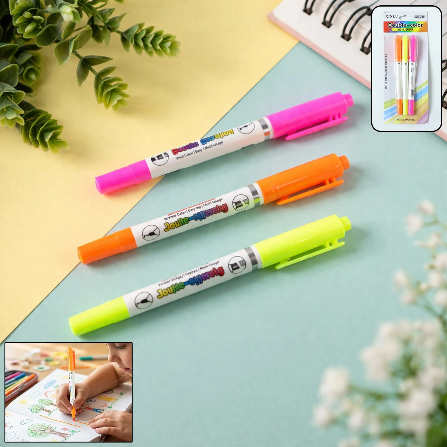 Dual Tip Double Color Highlighter Marker Pens (3 Pc Set)
