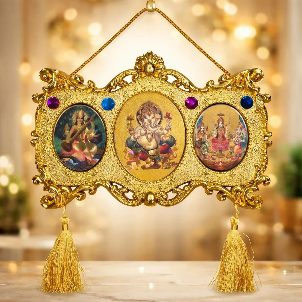 Golden Triple God Wall Hanging with Ganesha Lakshmi Saraswati (Triple Oval Design)